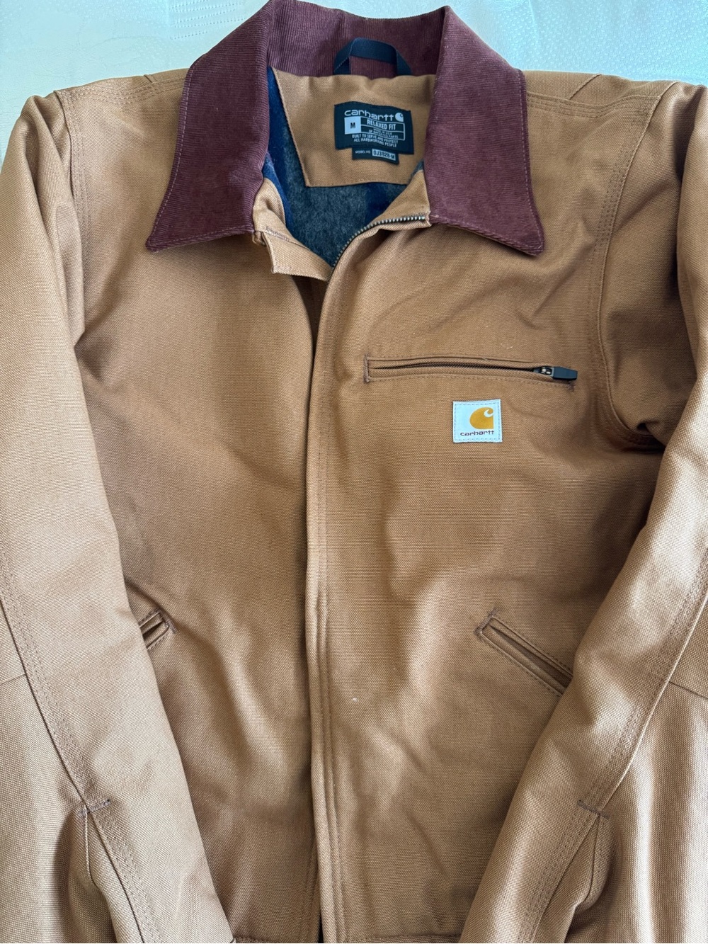 Carhartt Men's Tan Duck Jacket with Dark Brown Corduroy Collar
